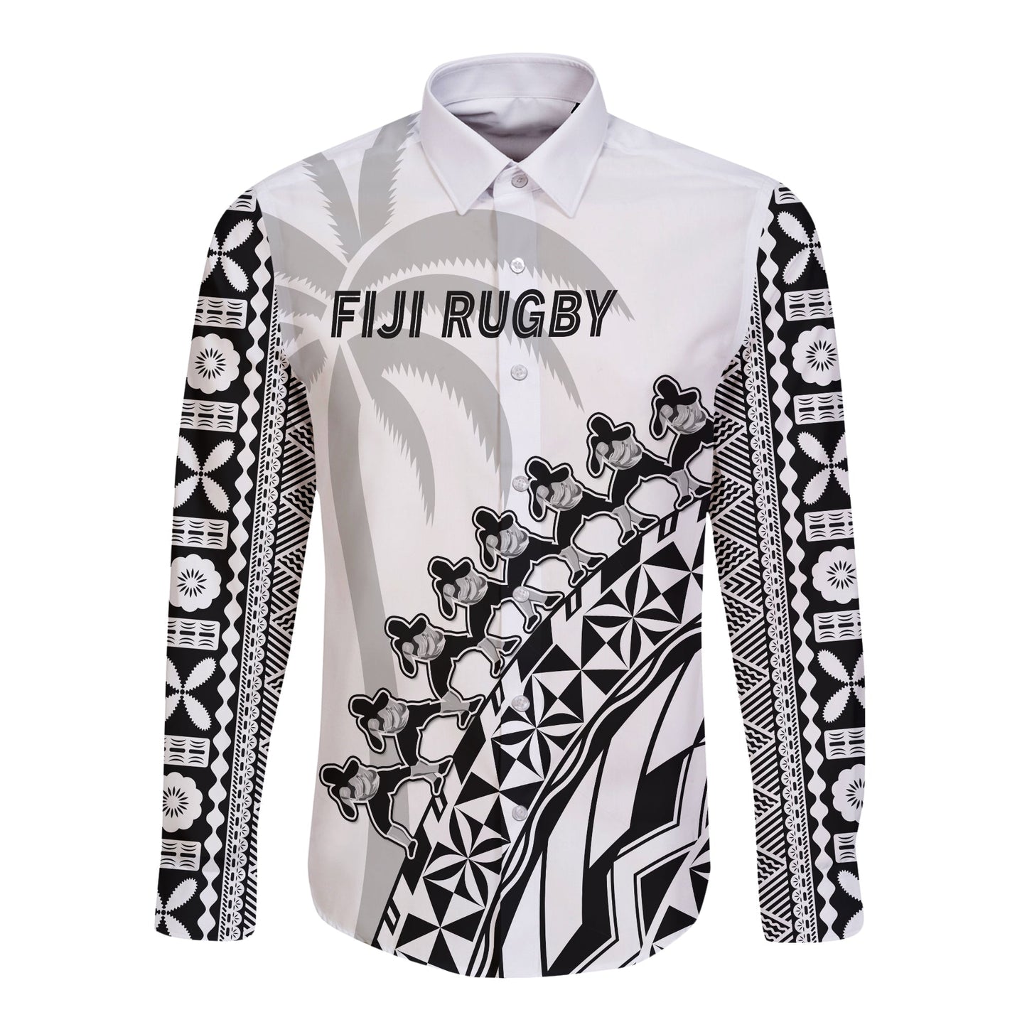 (Custom Text And Number) Fiji Rugby Long Sleeve Button Shirt Fijian Cibi Dance Tapa Pattern White