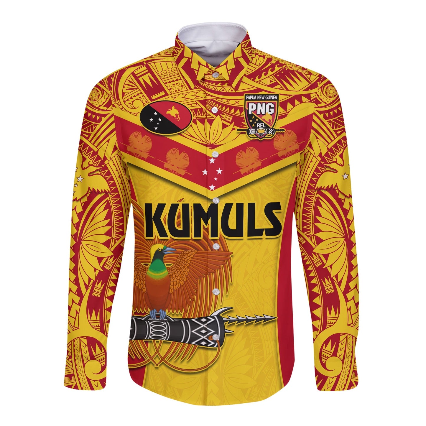 Papua New Guinea Rugby Long Sleeve Button Shirt PNG Kumuls Bird Of Paradise Yellow