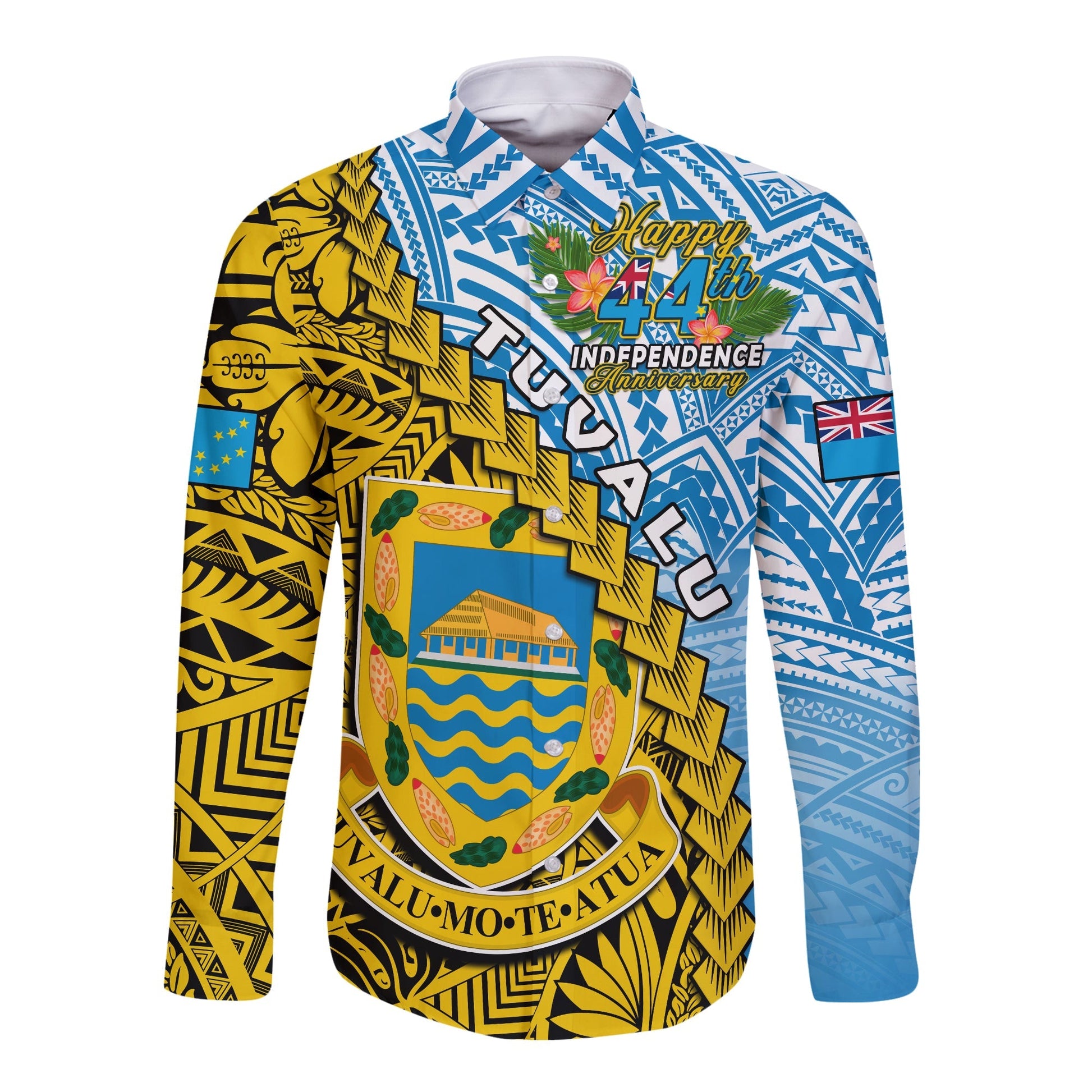 Tuvalu 1978 Long Sleeve Button Shirt Happy 44th Independence Anniversary Polynesian Pattern