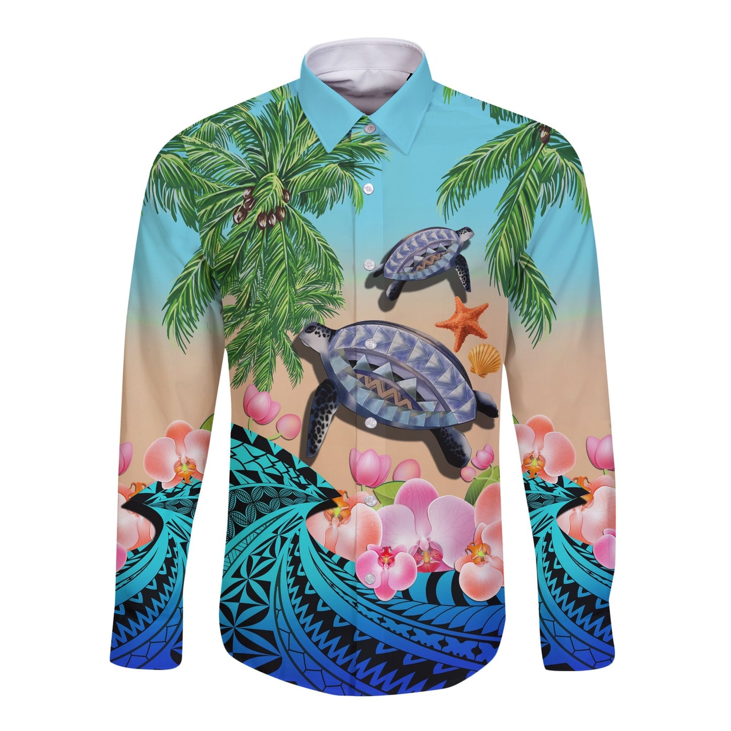 Polynesian Turtle Coconut Tree And Orchids Long Sleeve Button Shirt