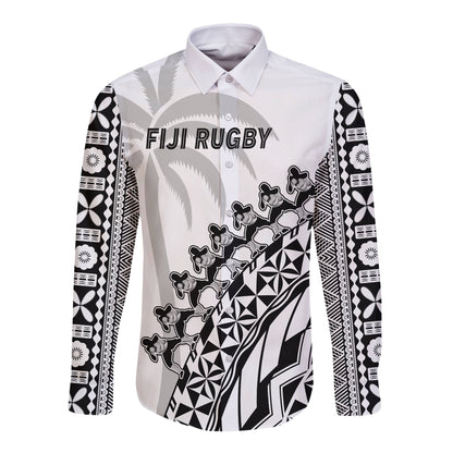 Fiji Rugby Long Sleeve Button Shirt Fijian Cibi Dance Tapa Pattern White