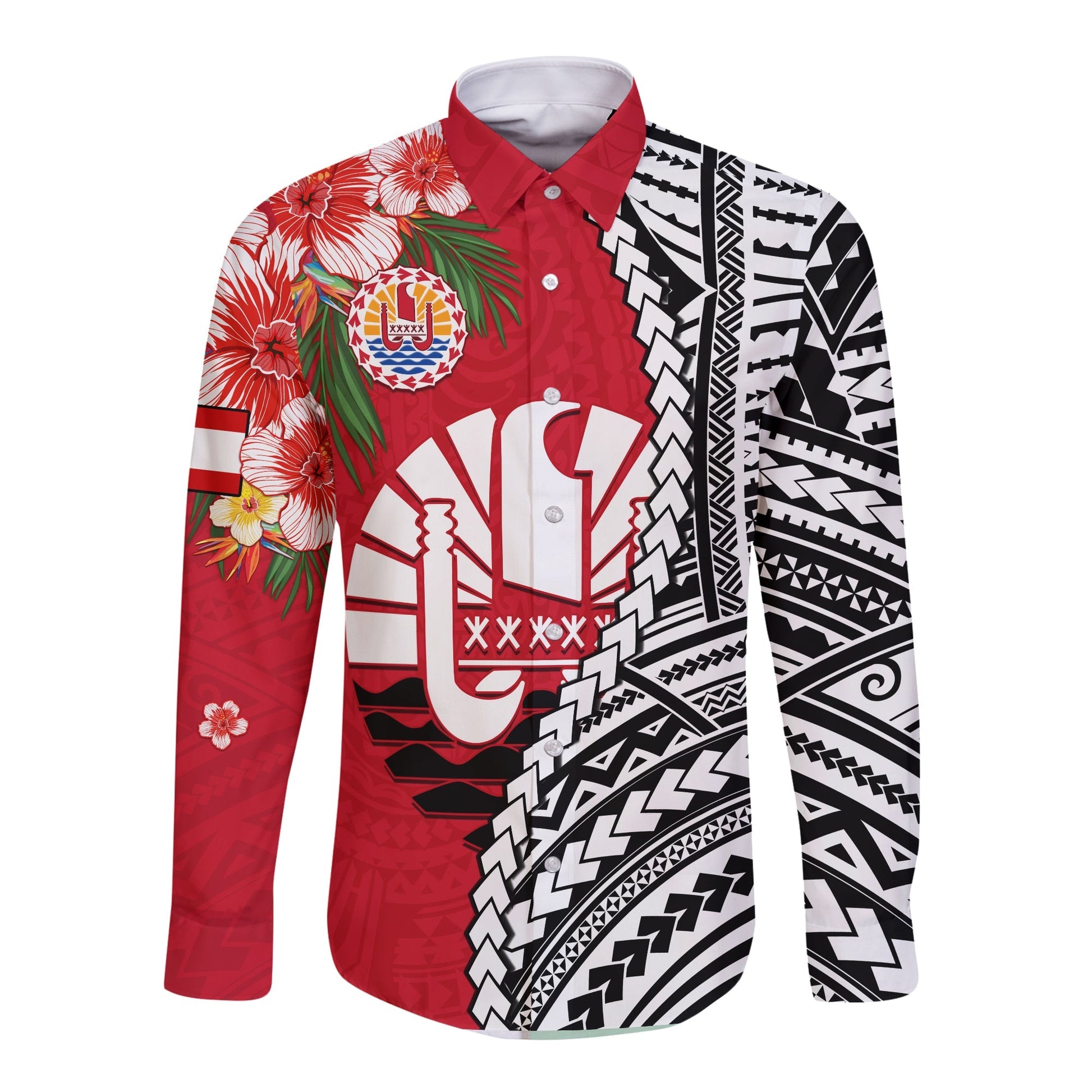 Tahiti Islands Long Sleeve Button Shirt Polynesian Shark Mix Tropical Flowers