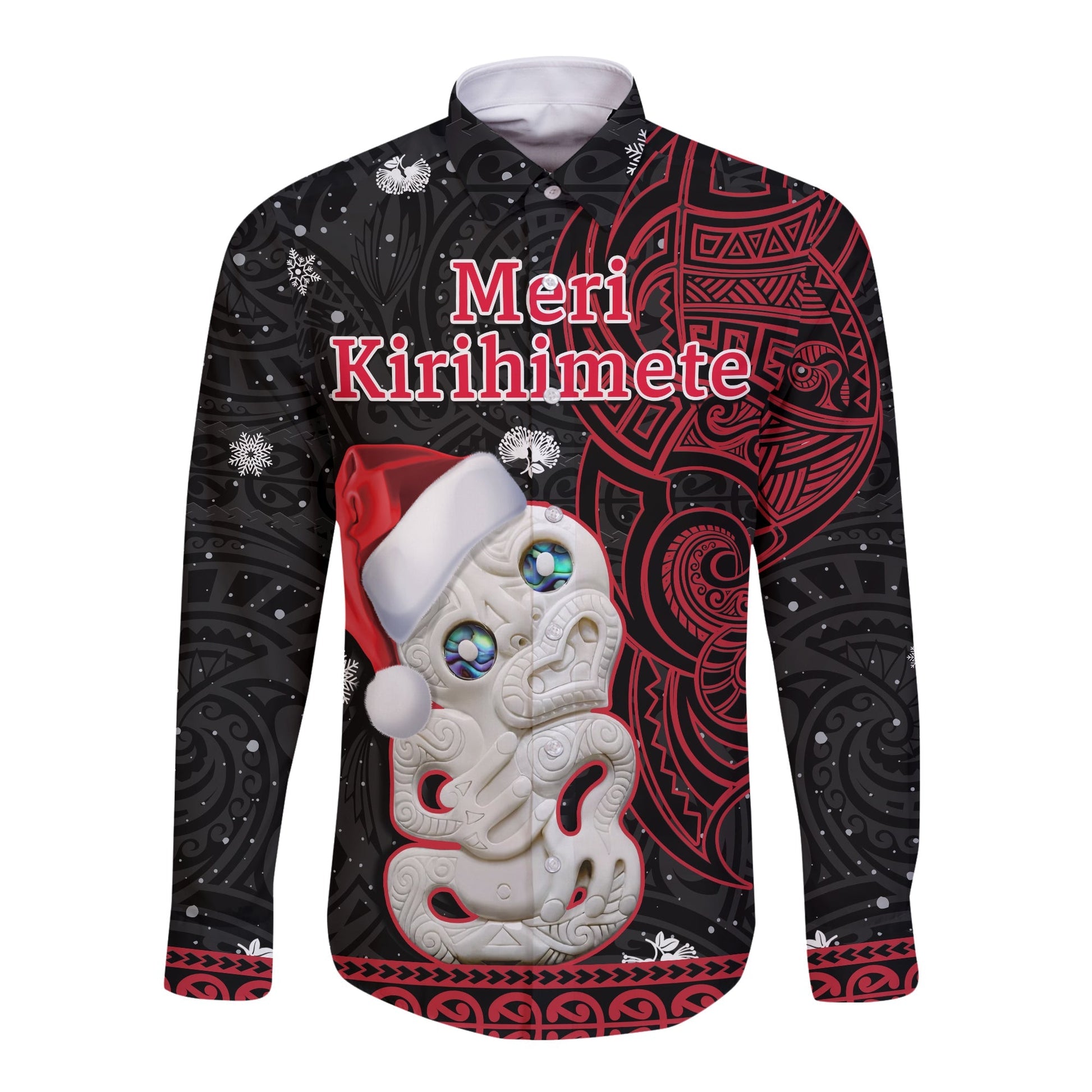 New Zealand Christmas Long Sleeve Button Shirt Hei Tiki Red Pohutukawa Meri Kirihimete