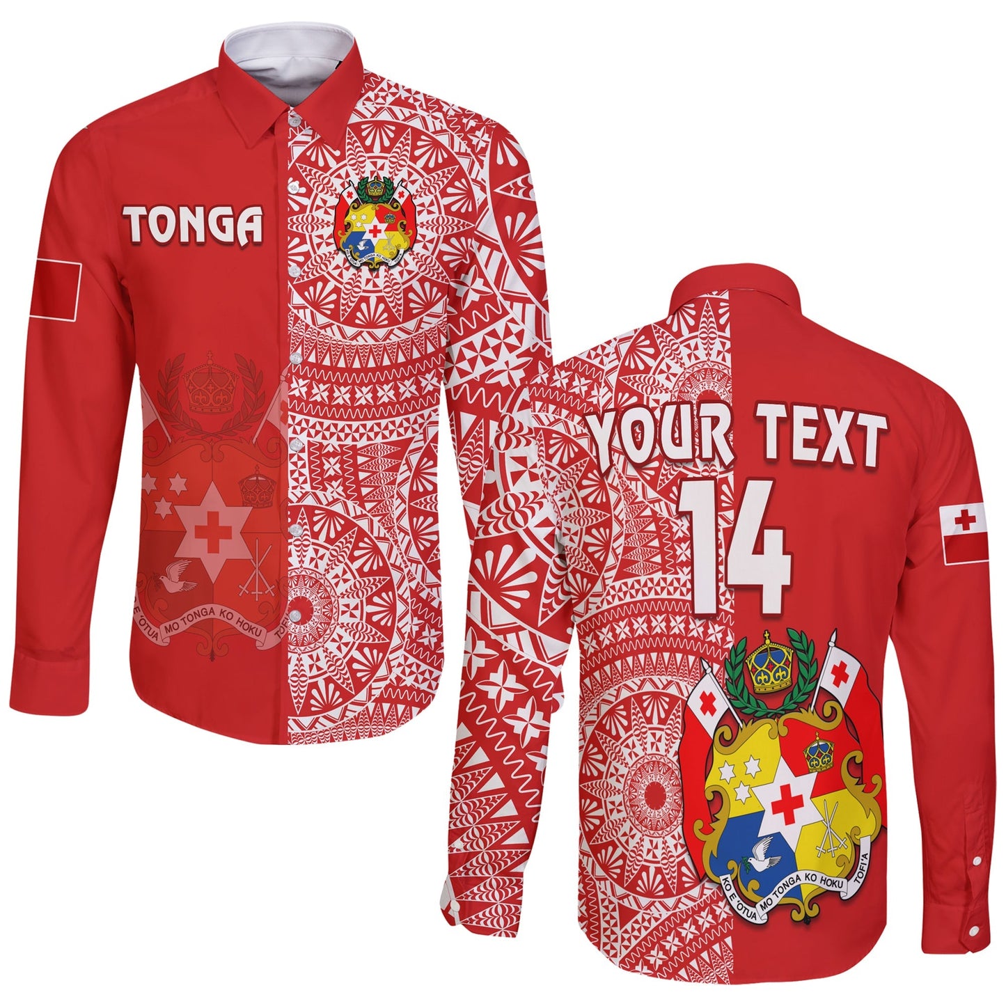 (Custom Text And Number) Tonga Long Sleeve Button Shirt Tongan Coat Of Arms Ngatu Pattern