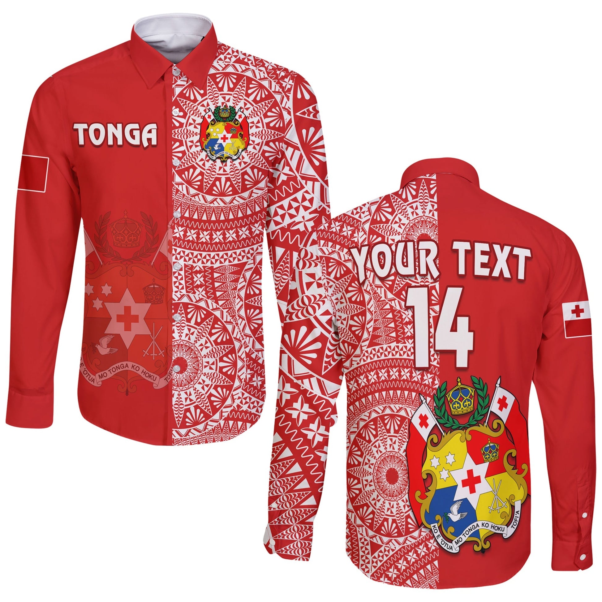 (Custom Text And Number) Tonga Long Sleeve Button Shirt Tongan Coat Of Arms Ngatu Pattern