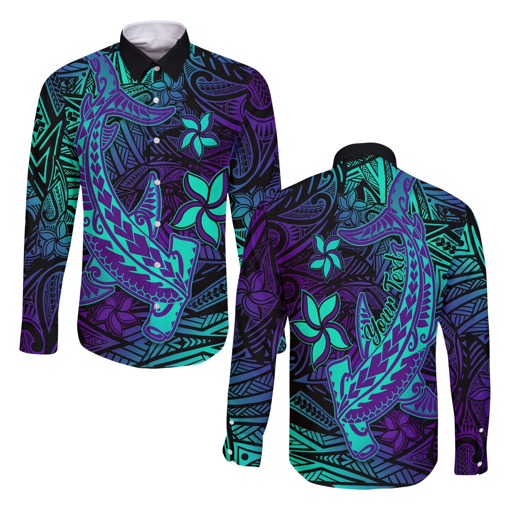 (Custom Personalised) Polynesian Long Sleeve Button Shirt Purple Paradise Hawaiian Tribal Hammerhead Shark