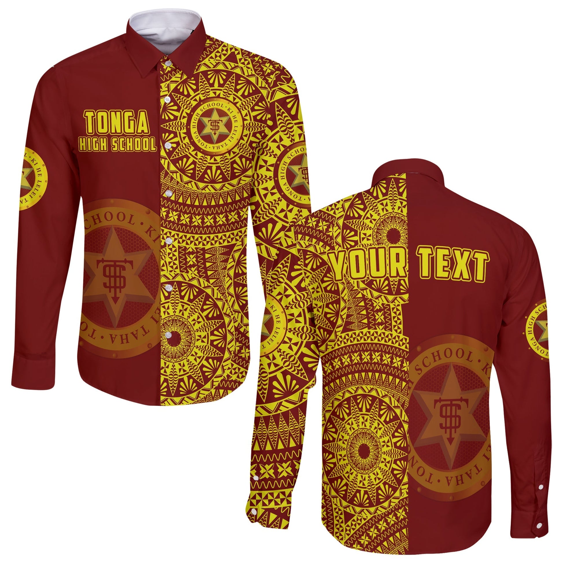(Custom Personalised) Tonga High School Long Sleeve Button Shirt Tongan Ngatu Pattern