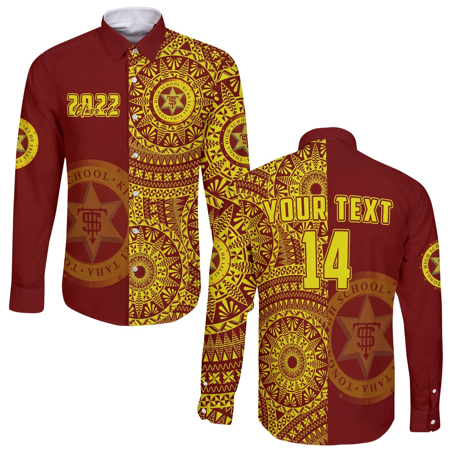 (Custom Text And Number) Tonga High School Long Sleeve Button Shirt Class Of Year Tongan Ngatu Pattern