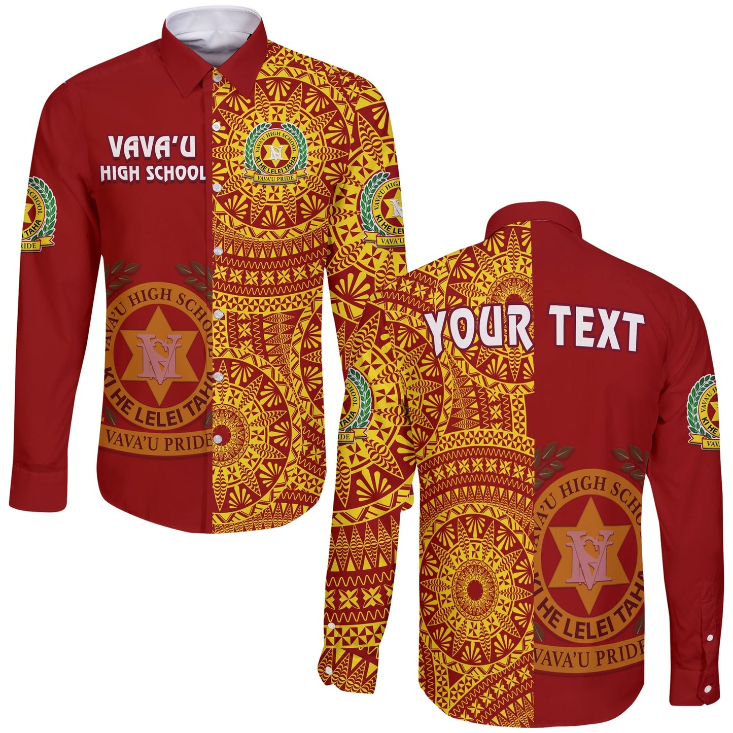 (Custom Personalised) Tonga Vavau High School Long Sleeve Button Shirt Tongan Ngatu Pattern