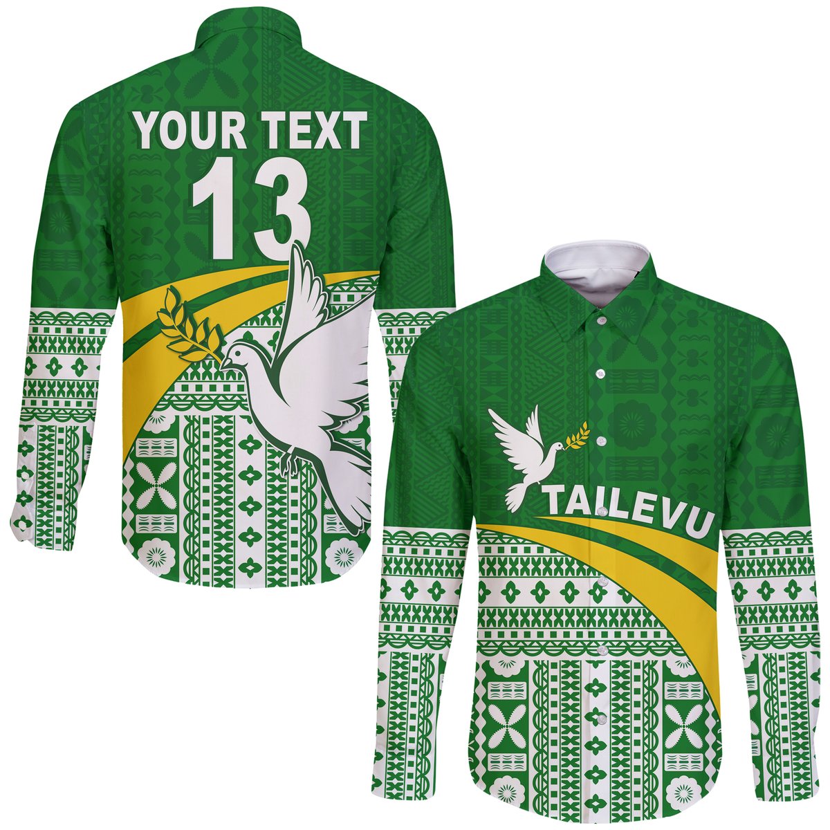 (Custom Text and Number) Tailevu Rugby Hawaii Long Sleeve Button Shirt Fiji Rugby Tapa Pattern Green