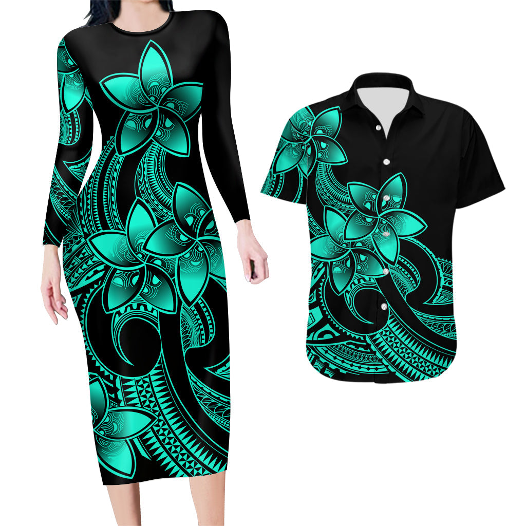 Polynesian Couple Outfits Plumeria Flowers Couples Bodycon Dress Hawaiian Shirt Polynesian Tribal Aqua Vibe