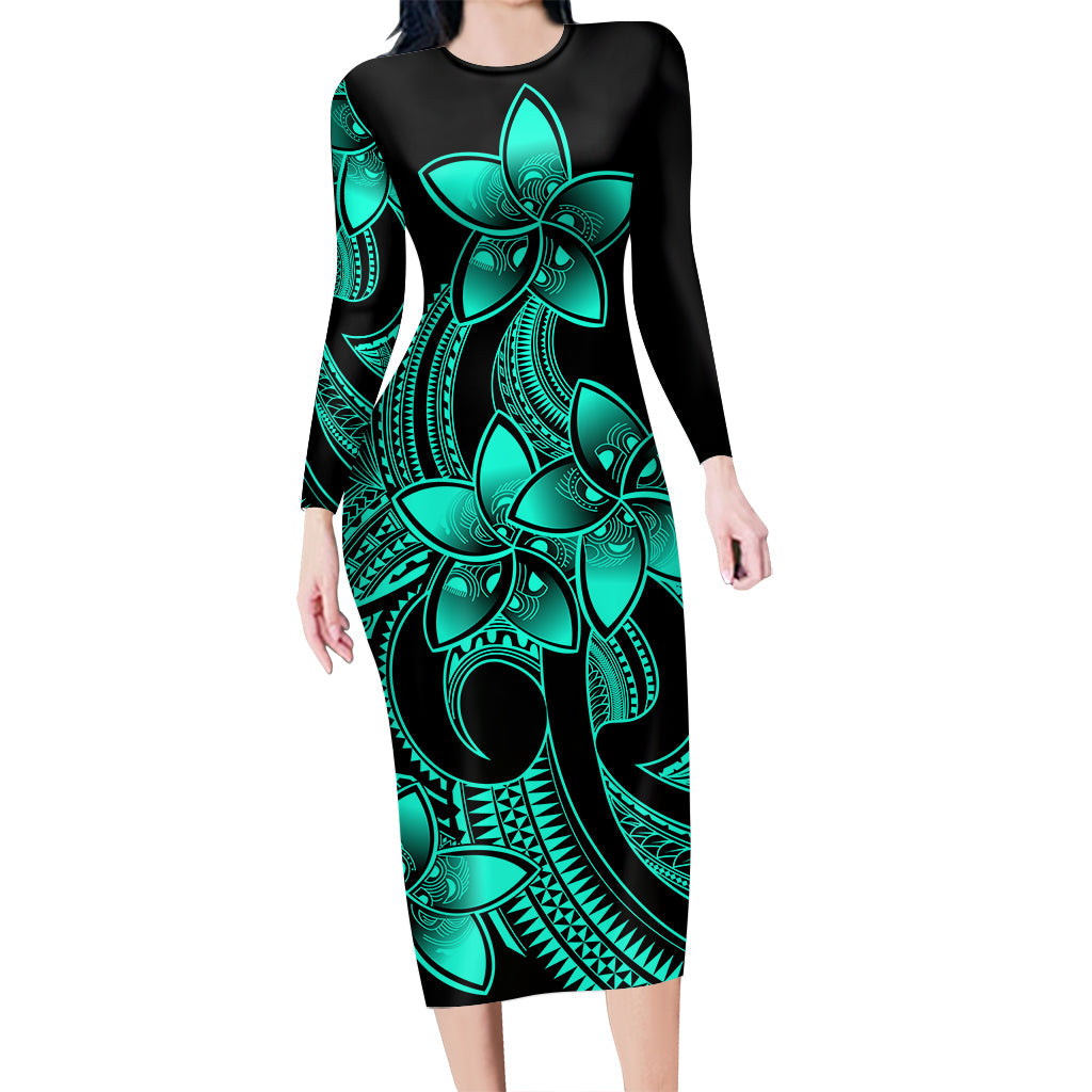 Polynesian Couple Outfits Plumeria Flowers Couples Bodycon Dress Hawaiian Shirt Polynesian Tribal Aqua Vibe