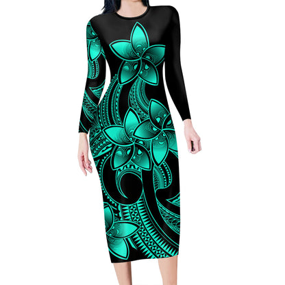 Polynesian Couple Outfits Plumeria Flowers Couples Bodycon Dress Hawaiian Shirt Polynesian Tribal Aqua Vibe
