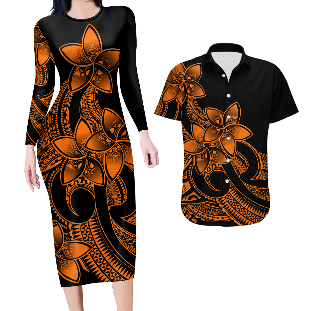 Polynesian Couple Outfits Plumeria Flowers Couples Bodycon Dress Hawaiian Shirt Polynesian Tribal Gold Vibe