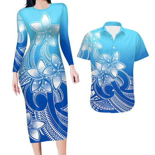 Polynesian Couple Outfits Plumeria Flowers Couples Bodycon Dress Hawaiian Shirt Polynesian Tribal Gradient Blue