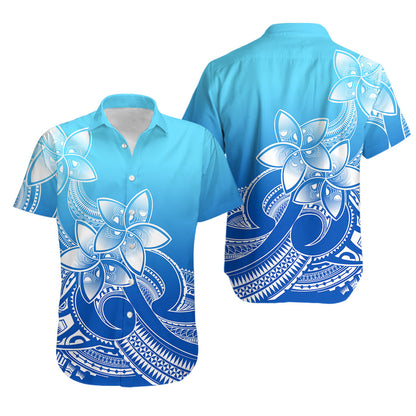 Polynesian Couple Outfits Plumeria Flowers Couples Bodycon Dress Hawaiian Shirt Polynesian Tribal Gradient Blue