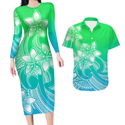 Polynesian Couple Outfits Plumeria Flowers Couples Bodycon Dress Hawaiian Shirt Polynesian Tribal Gradient Green