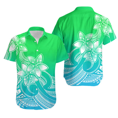 Polynesian Couple Outfits Plumeria Flowers Couples Bodycon Dress Hawaiian Shirt Polynesian Tribal Gradient Green