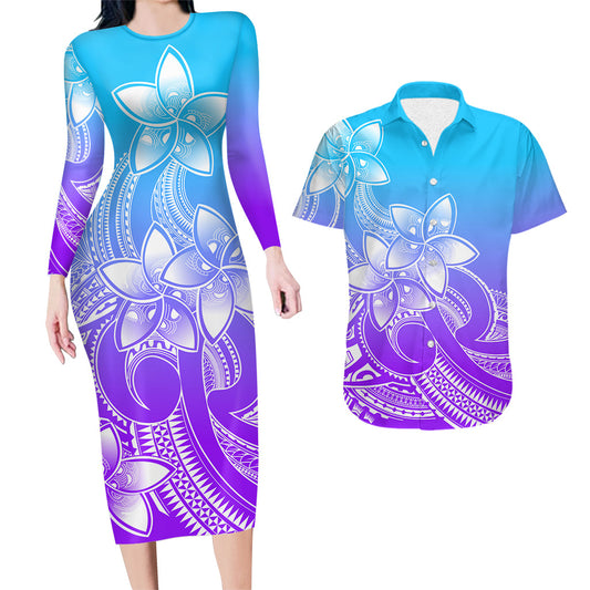 Polynesian Couple Outfits Plumeria Flowers Couples Bodycon Dress Hawaiian Shirt Polynesian Tribal Gradient Purple