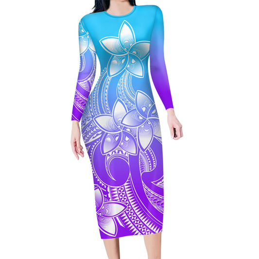 Polynesian Couple Outfits Plumeria Flowers Couples Bodycon Dress Hawaiian Shirt Polynesian Tribal Gradient Purple