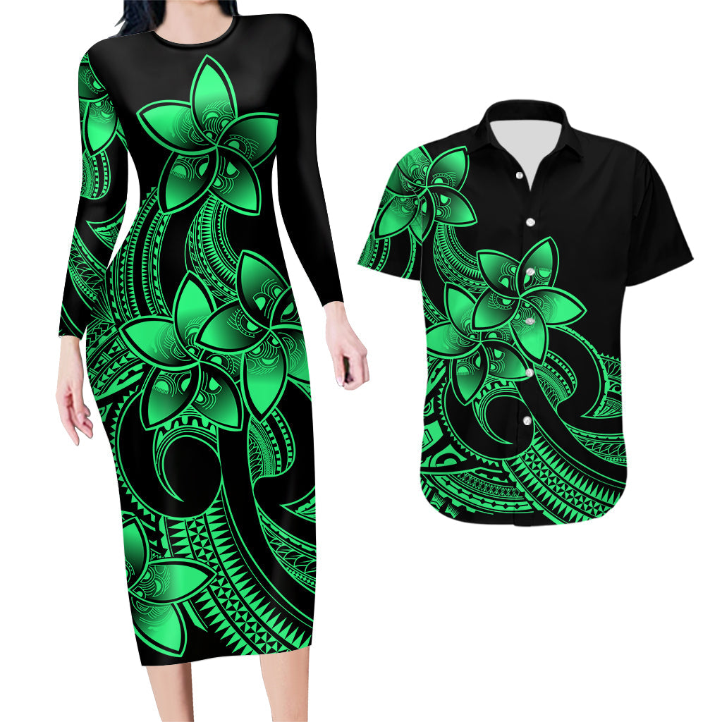 Polynesian Couple Matching Outfits Plumeria Flowers Couples Bodycon Dress Hawaiian Shirt Polynesian Tribal Green Vibe