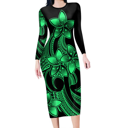 Polynesian Couple Matching Outfits Plumeria Flowers Couples Bodycon Dress Hawaiian Shirt Polynesian Tribal Green Vibe