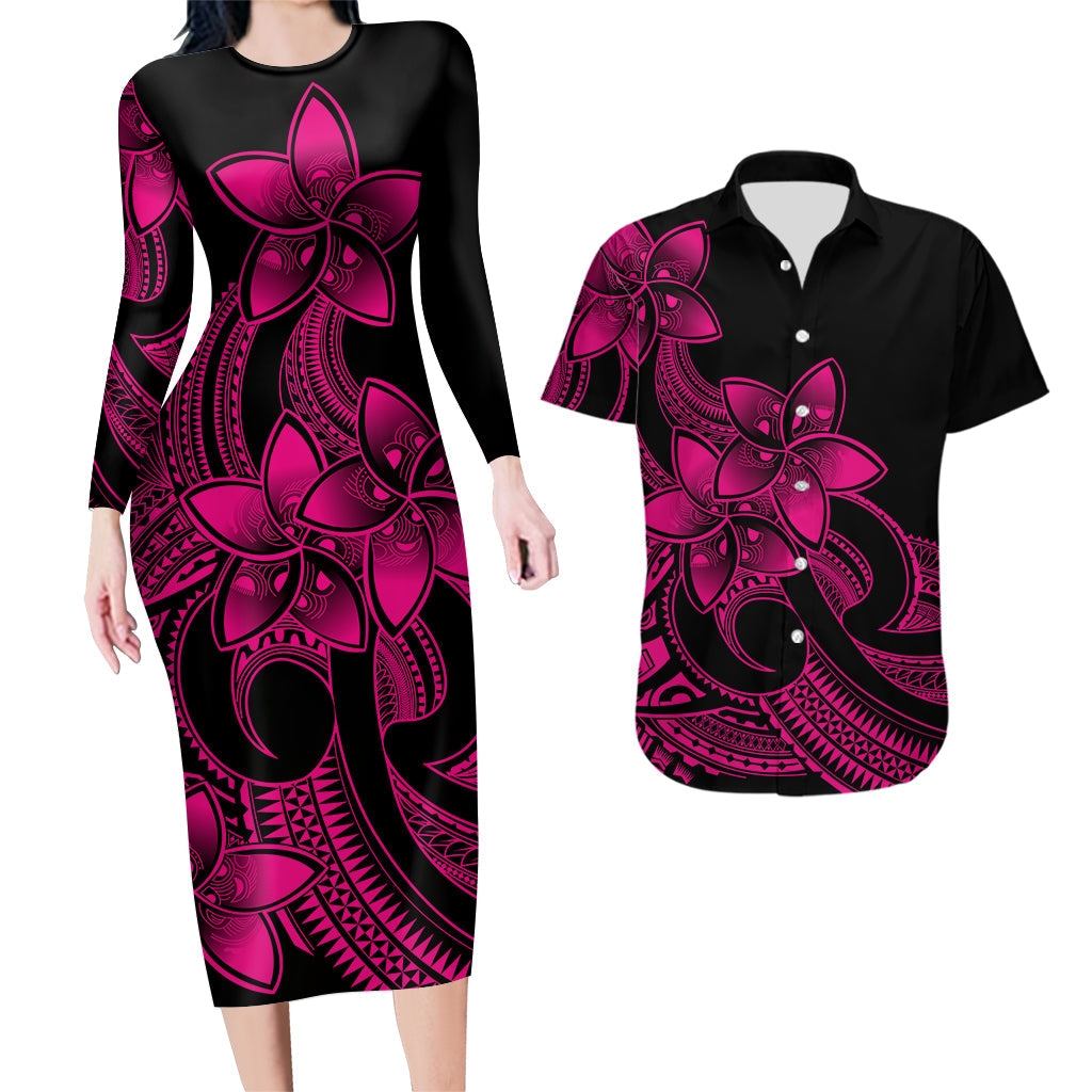 Polynesian Couple Outfits Plumeria Flowers Couples Bodycon Dress Hawaiian Shirt Polynesian Tribal Pink Vibe