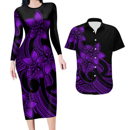 Polynesian Couple Outfits Plumeria Flowers Couples Bodycon Dress Hawaiian Shirt Polynesian Tribal Purple Vibe