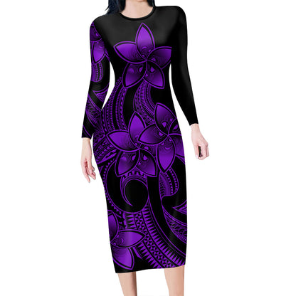 Polynesian Couple Outfits Plumeria Flowers Couples Bodycon Dress Hawaiian Shirt Polynesian Tribal Purple Vibe