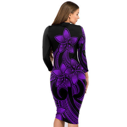 Polynesian Couple Outfits Plumeria Flowers Couples Bodycon Dress Hawaiian Shirt Polynesian Tribal Purple Vibe