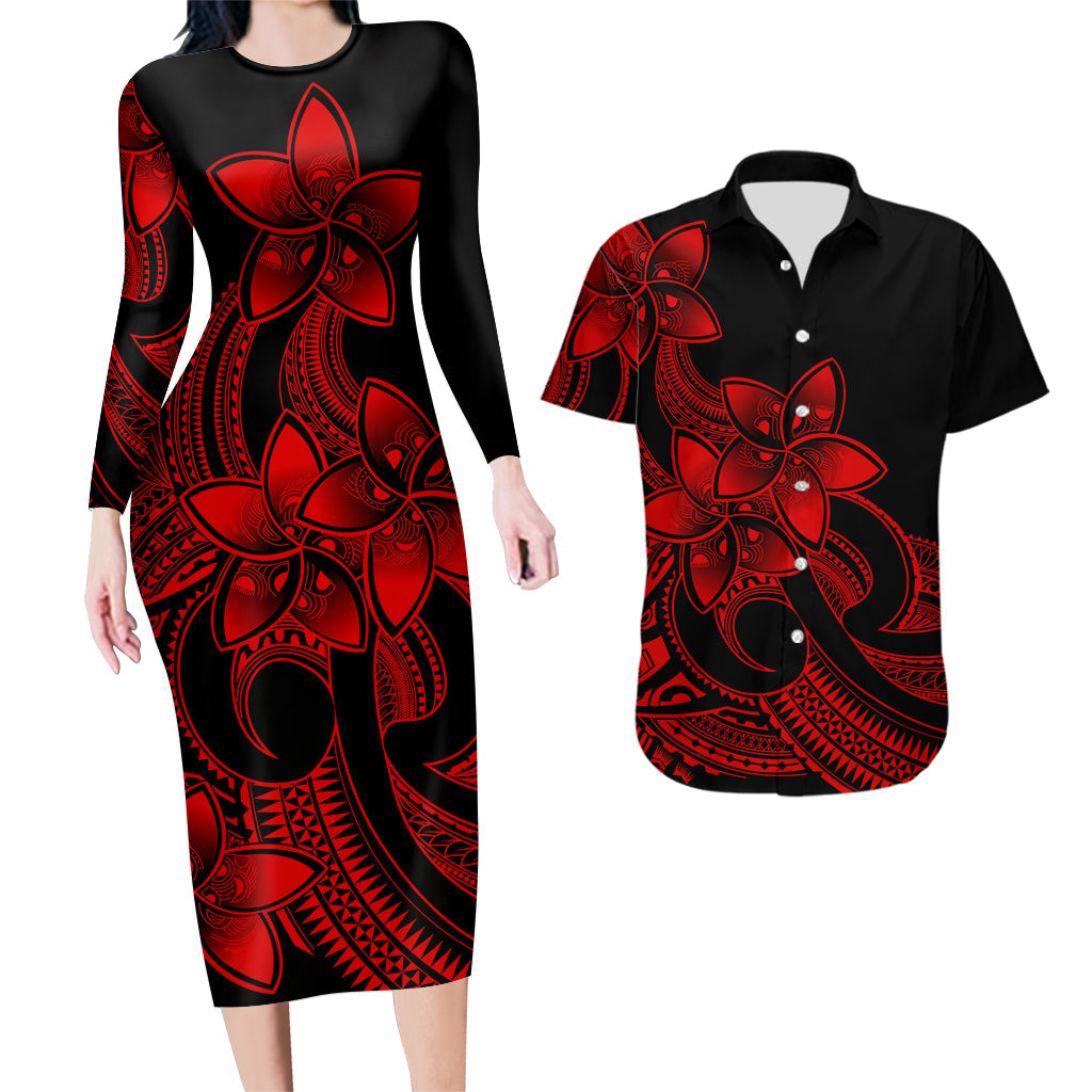 Polynesian Couple Outfits Plumeria Flowers Couples Bodycon Dress Hawaiian Shirt Polynesian Tribal Red Vibe