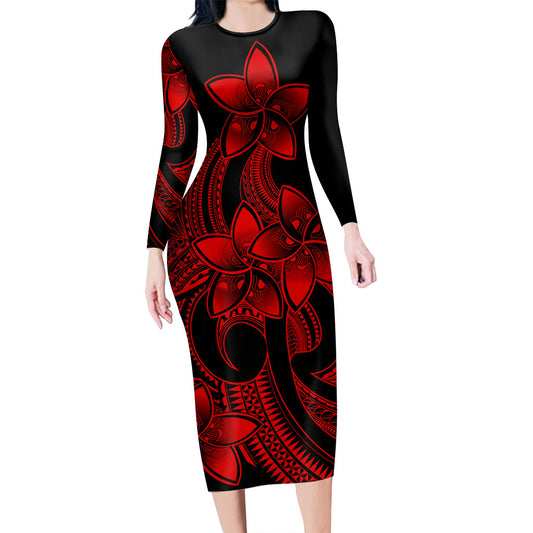 Polynesian Couple Outfits Plumeria Flowers Couples Bodycon Dress Hawaiian Shirt Polynesian Tribal Red Vibe