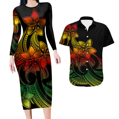 Polynesian Couple Outfits Plumeria Flowers Couples Bodycon Dress Hawaiian Shirt Polynesian Tribal Reggae Vibe