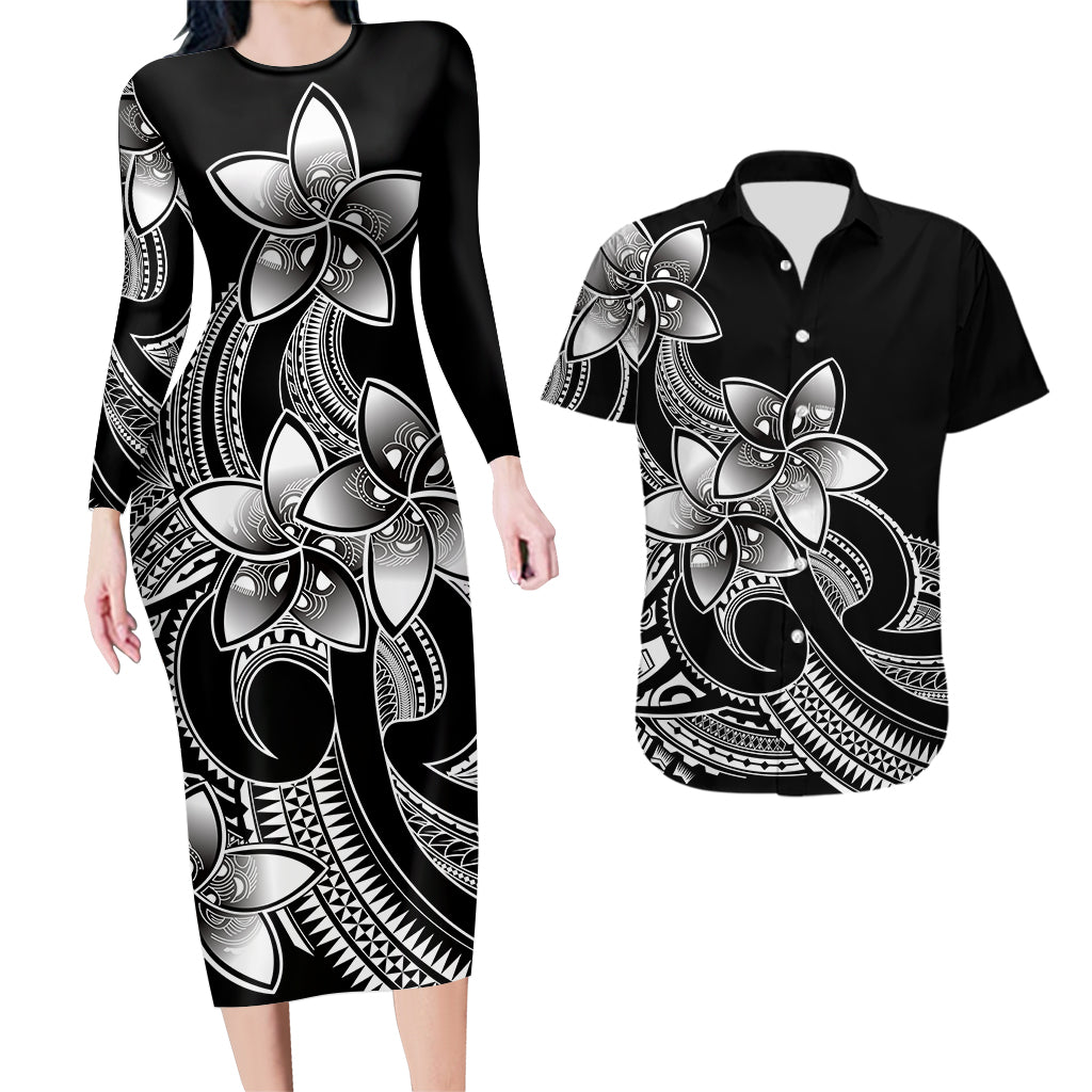 Polynesian Couple Outfits Plumeria Flowers Couples Bodycon Dress Hawaiian Shirt Polynesian Tribal White Vibe