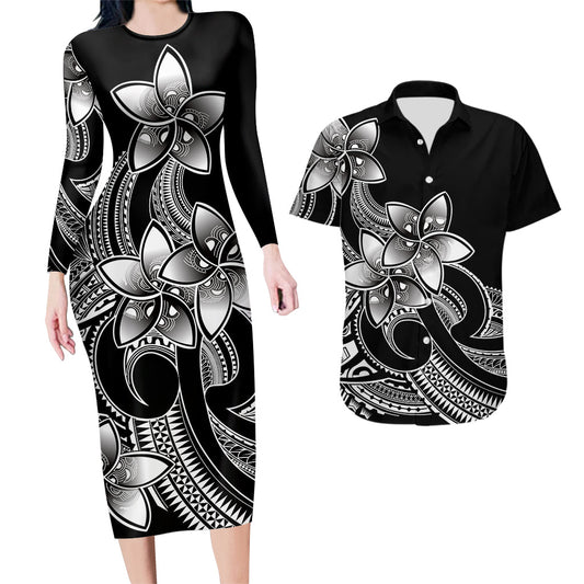 Polynesian Couple Outfits Plumeria Flowers Couples Bodycon Dress Hawaiian Shirt Polynesian Tribal White Vibe