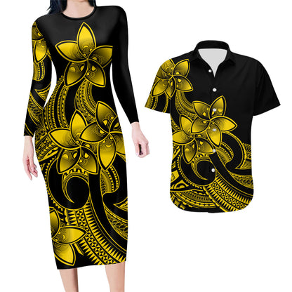 Polynesian Couple Outfits Plumeria Flowers Couples Bodycon Dress Hawaiian Shirt Polynesian Tribal Yellow Vibe