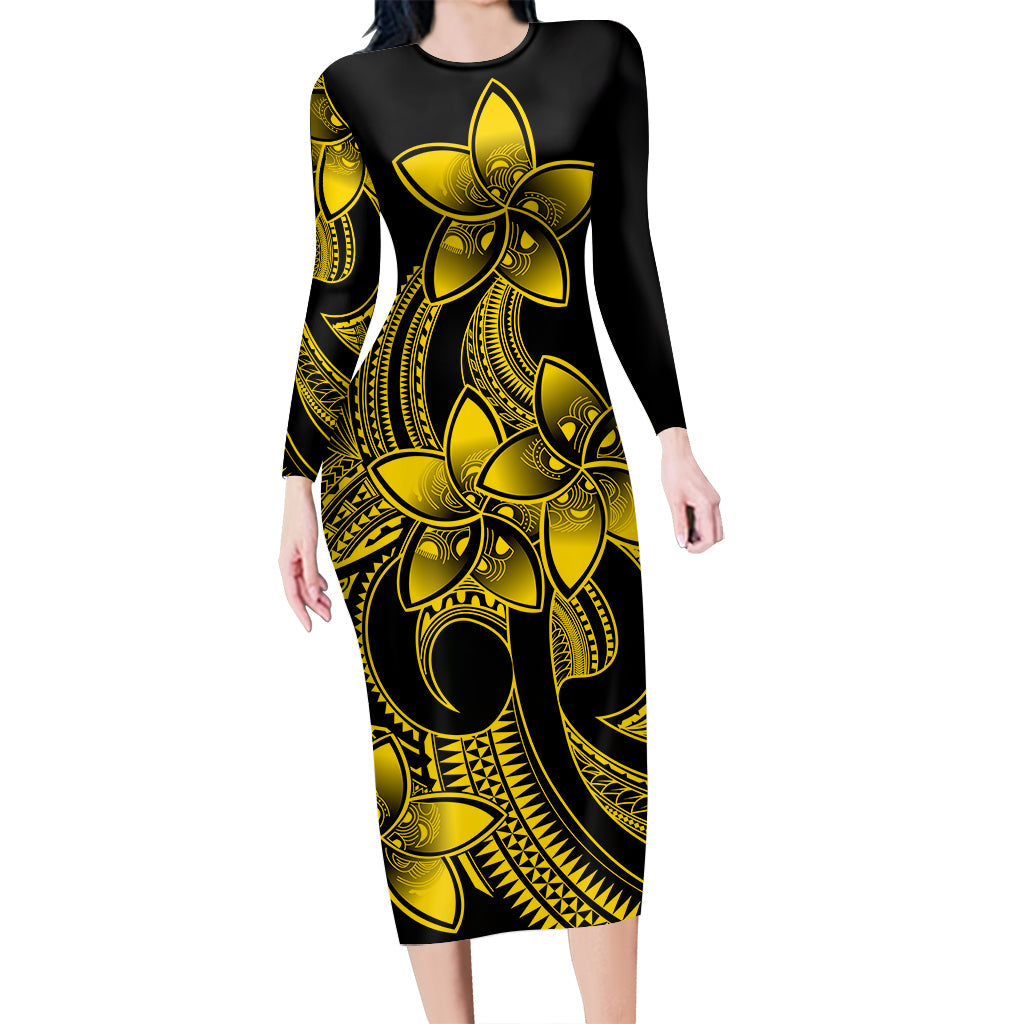 Polynesian Couple Outfits Plumeria Flowers Couples Bodycon Dress Hawaiian Shirt Polynesian Tribal Yellow Vibe