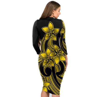 Polynesian Couple Outfits Plumeria Flowers Couples Bodycon Dress Hawaiian Shirt Polynesian Tribal Yellow Vibe