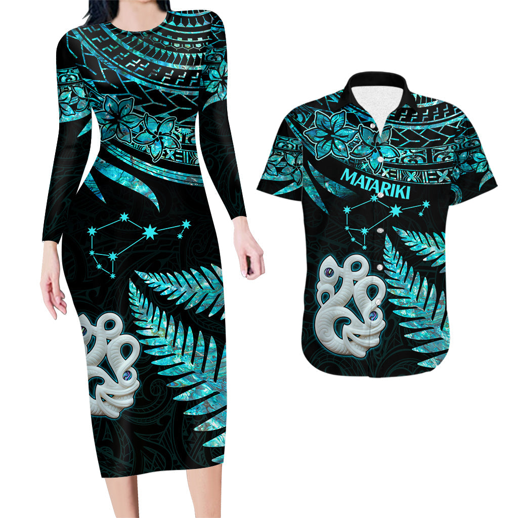 Couples Matching Hawaiian Outfits Matariki New Zealand Couples Bodycon Dress Hawaiian Shirt Manaia with Paua Shell - Aqua
