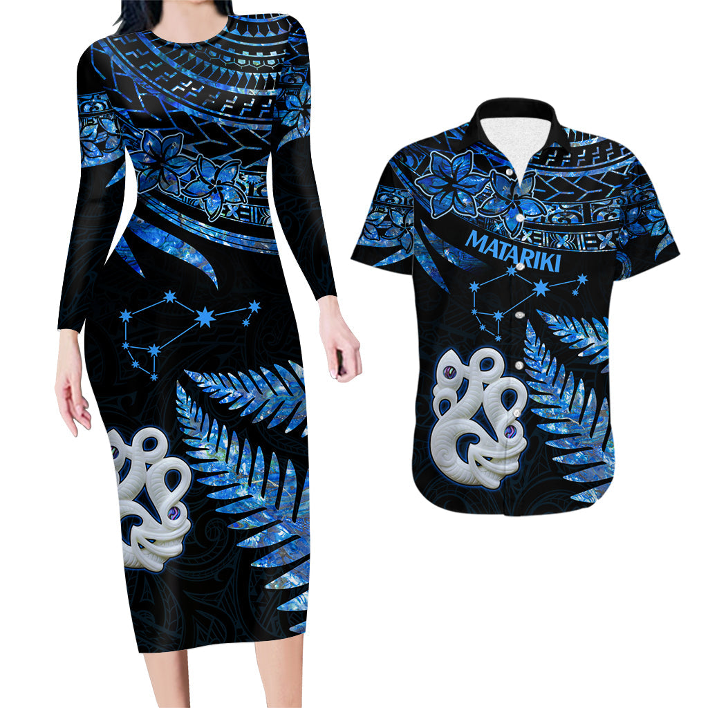Couples Matching Hawaiian Outfits Matariki New Zealand Couples Bodycon Dress Hawaiian Shirt Manaia with Paua Shell - Blue