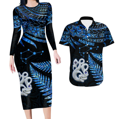Couples Matching Hawaiian Outfits Matariki New Zealand Couples Bodycon Dress Hawaiian Shirt Manaia with Paua Shell - Blue