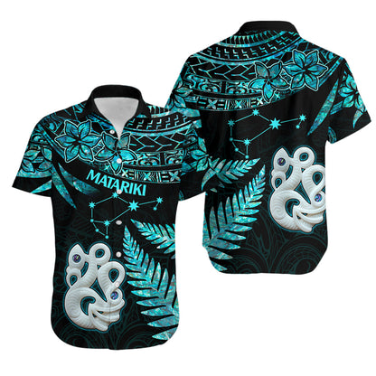 Couples Matching Hawaiian Outfits Matariki New Zealand Couples Bodycon Dress Hawaiian Shirt Manaia with Paua Shell - Aqua
