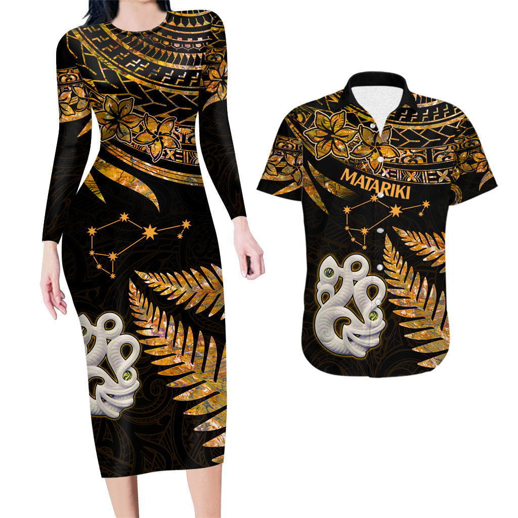 Couples Matching Hawaiian Outfits Matariki New Zealand Couples Bodycon Dress Hawaiian Shirt Manaia with Paua Shell - Gold