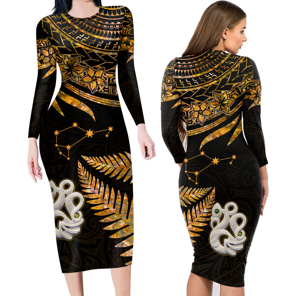 Couples Matching Hawaiian Outfits Matariki New Zealand Couples Bodycon Dress Hawaiian Shirt Manaia with Paua Shell - Gold