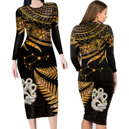Couples Matching Hawaiian Outfits Matariki New Zealand Couples Bodycon Dress Hawaiian Shirt Manaia with Paua Shell - Gold