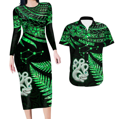 Couples Matching Hawaiian Outfits Matariki New Zealand Couples Bodycon Dress Hawaiian Shirt Manaia with Paua Shell - Green