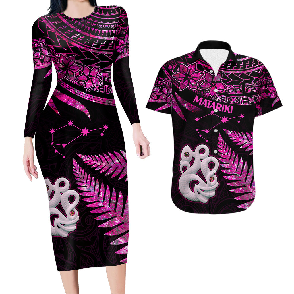 Couples Matching Hawaiian Outfits Matariki New Zealand Couples Bodycon Dress Hawaiian Shirt Manaia with Paua Shell - Pink