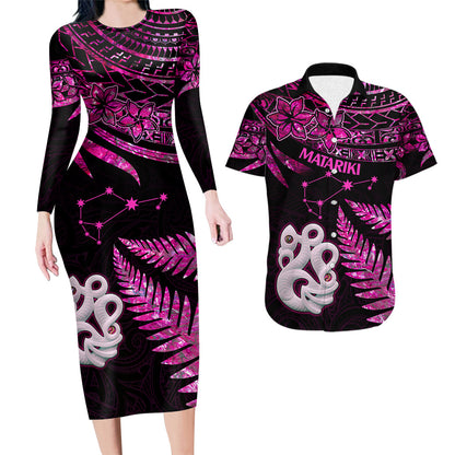Couples Matching Hawaiian Outfits Matariki New Zealand Couples Bodycon Dress Hawaiian Shirt Manaia with Paua Shell - Pink