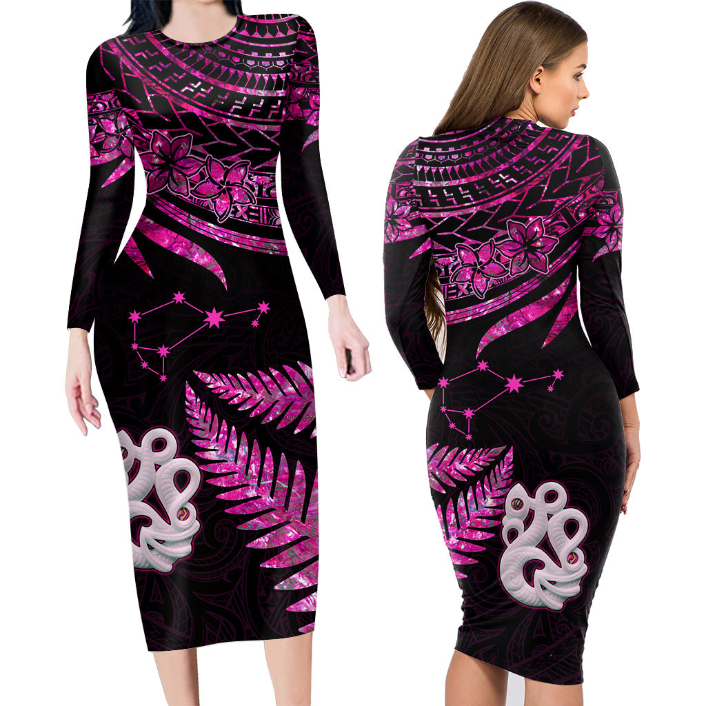 Couples Matching Hawaiian Outfits Matariki New Zealand Couples Bodycon Dress Hawaiian Shirt Manaia with Paua Shell - Pink