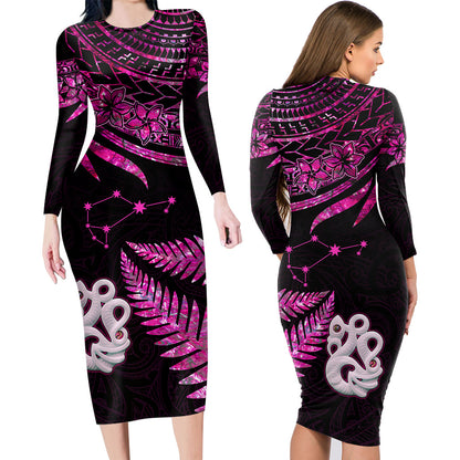 Couples Matching Hawaiian Outfits Matariki New Zealand Couples Bodycon Dress Hawaiian Shirt Manaia with Paua Shell - Pink